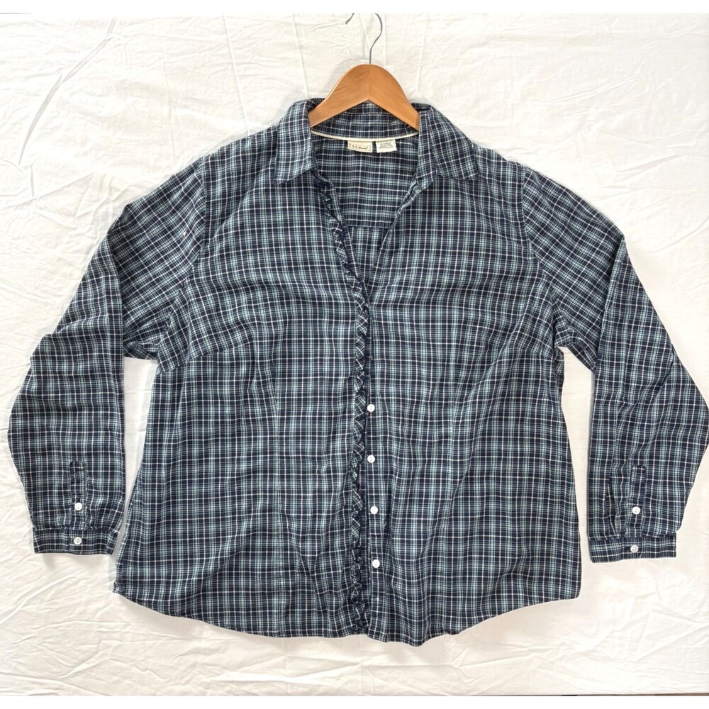 LL Bean Women's Button Up Top Sz 1X Plus Blue Outdoor Plaid Country Western